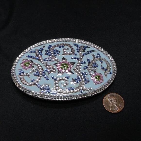Vintage Belt Buckle. Blue Oval Flat Crystal Rhinestones, 2 3/4 Inches - Picture 4 of 9